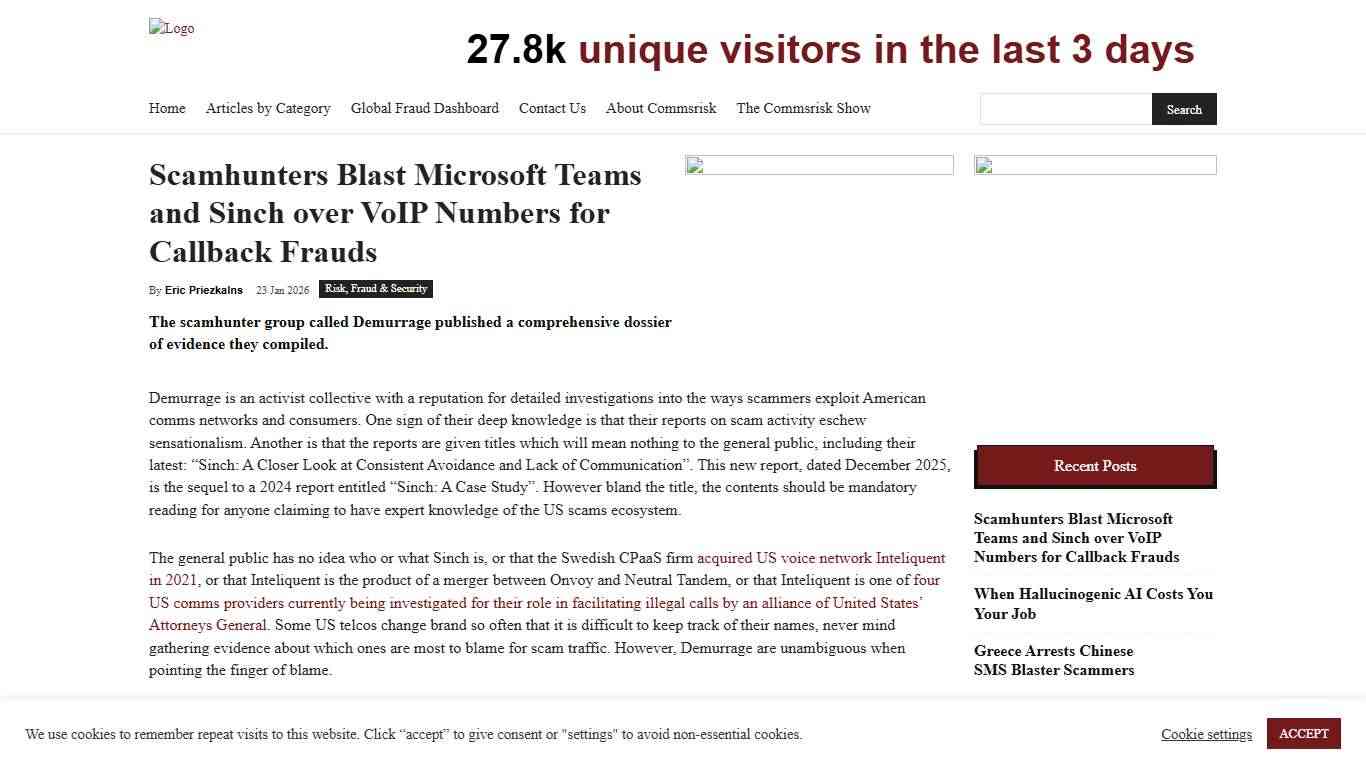 Scamhunters Blast Microsoft Teams and Sinch over VoIP Numbers for Callback Frauds Commsrisk